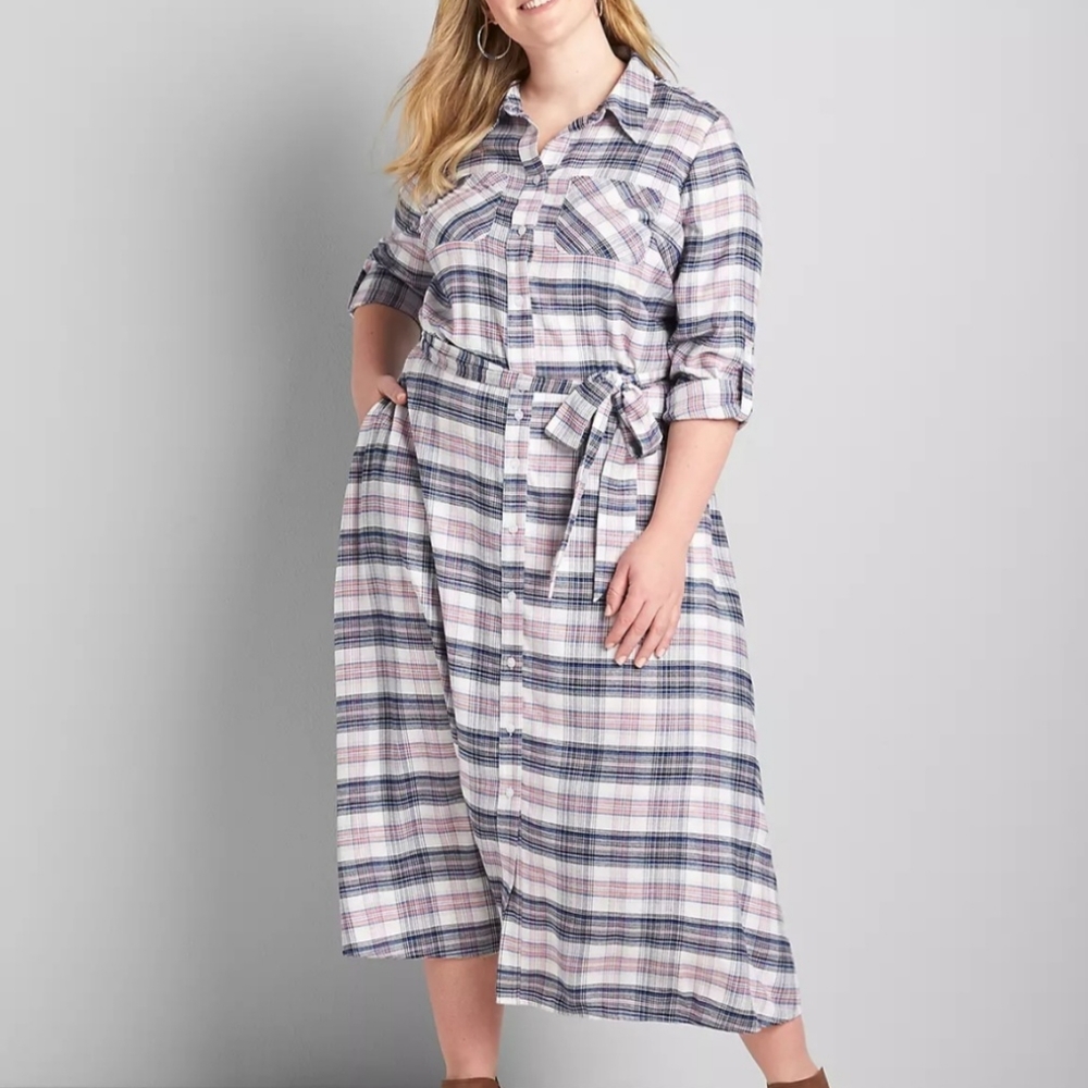 Lane Bryant Plaid shirt dress with roll-rab sleeves